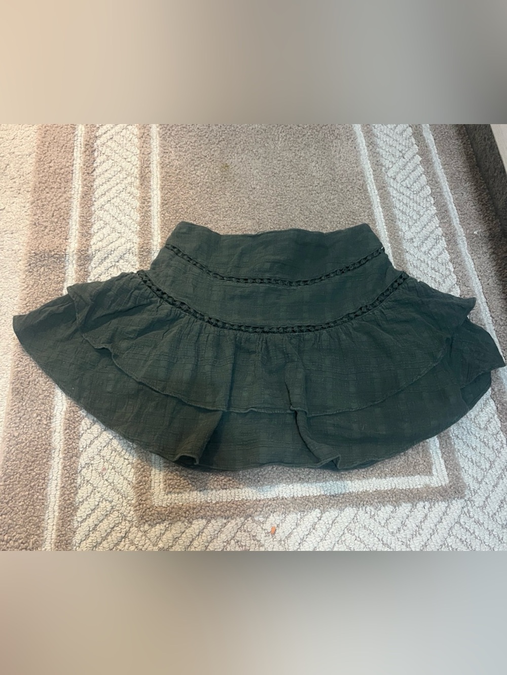 Francesca’s Blue Rain Olive Green Tiered Mini Skirt